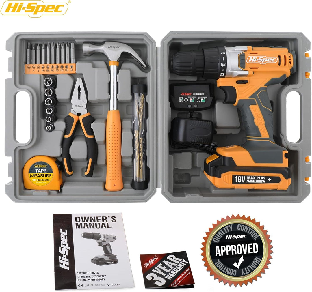Hi-Spec 30-tlg. DIY Kompakt-Werkzeug-Set mit 18V Akku- & Bohrschrauber, Bohrmaschine, Akkubohrer und