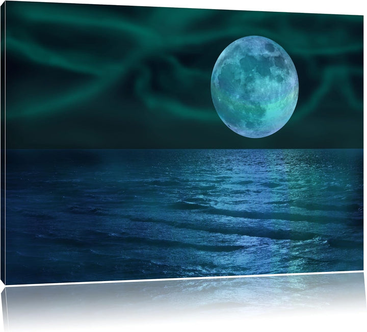 ruhiges Meer mit Vollmond schwarz/weiss Format: 100x70 auf Leinwand, XXL riesige Bilder fertig gerah