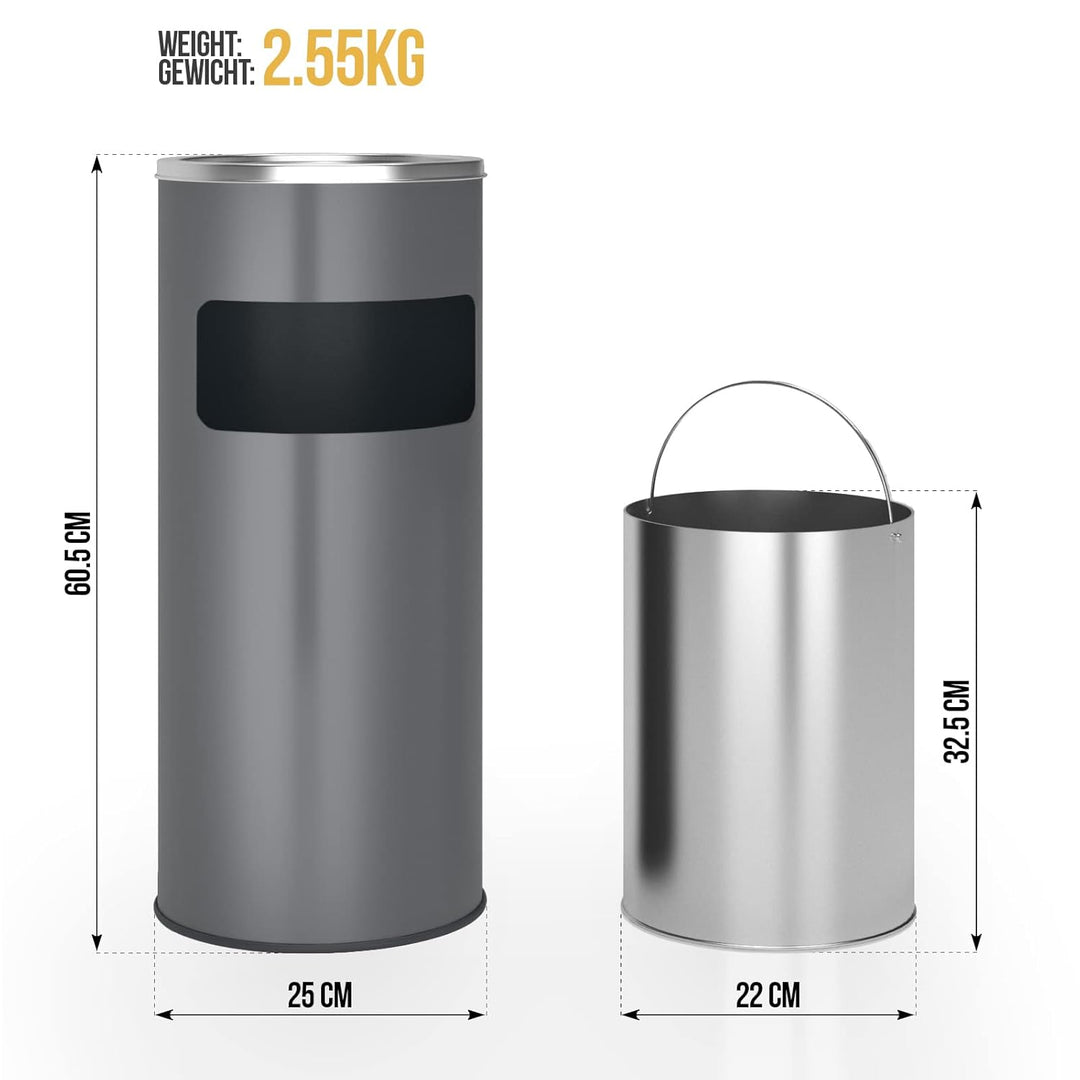 Jago® Standaschenbecher mit Mülleimer - 30 Liter, aus Edelstahl/Eisen, 2 in 1, Inneneimer, Deckel, O
