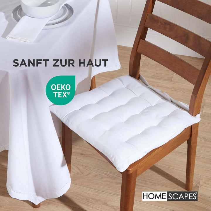 HOMESCAPES 4er Set Stuhlkissen 40 x 40 cm, weiss, Sitzkissen mit Bändern und Knopfverschluss, einfar