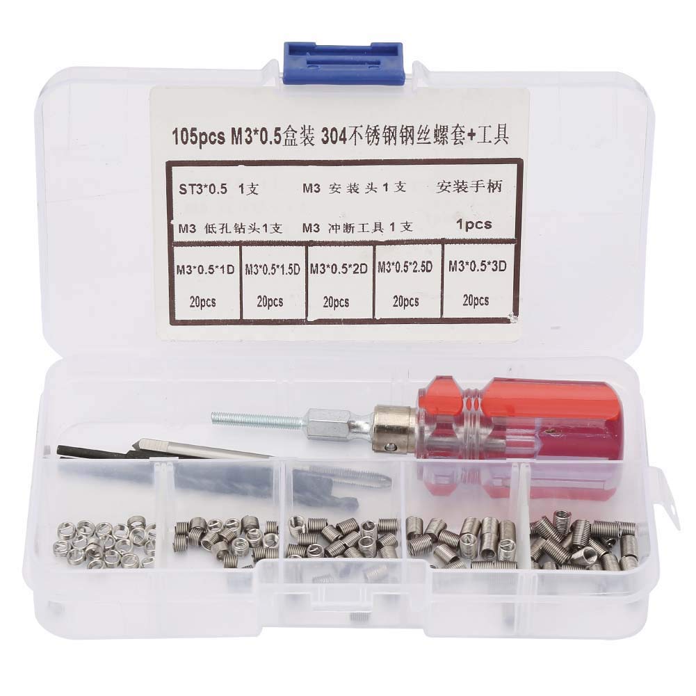 105 stücke Gewindeeinsätze Reparatursatz Edelstahl Helicoil Typ Draht Insert Installation Set(M3*0.5