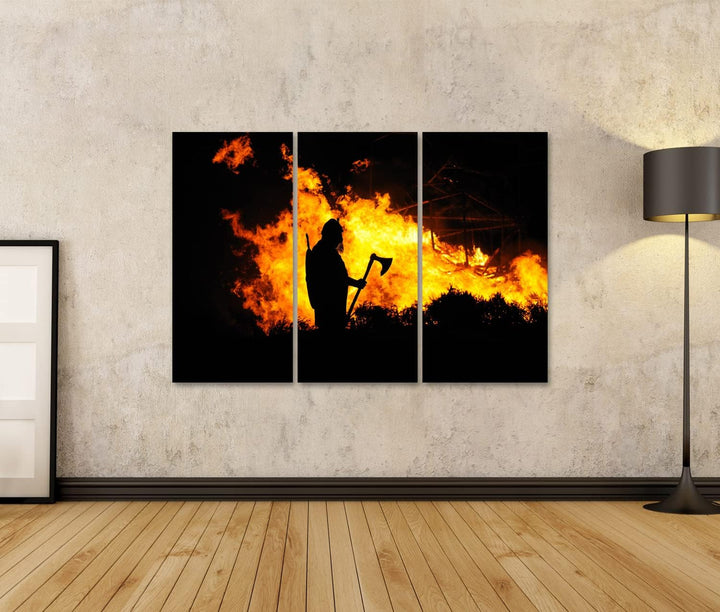 islandburner Bild auf Leinwand Ein Wikinger im Brennenden Gebäude Bilder Wandbilder Poster Leinwand