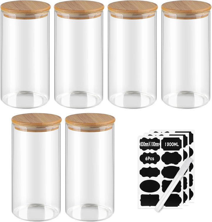 efuturetime 6stk. 1300ml Vorratsgläser Glas Rund, φ10.5 * 20.8cm, Vorratsdosen Glas mit Bambusdeckel