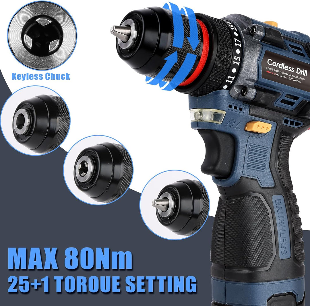 Akku Bohrschrauber mit Bürstenloser Motor - 16.8V Akku Bohrmaschine Bürstloser mit 2000mAh Akkus, 60