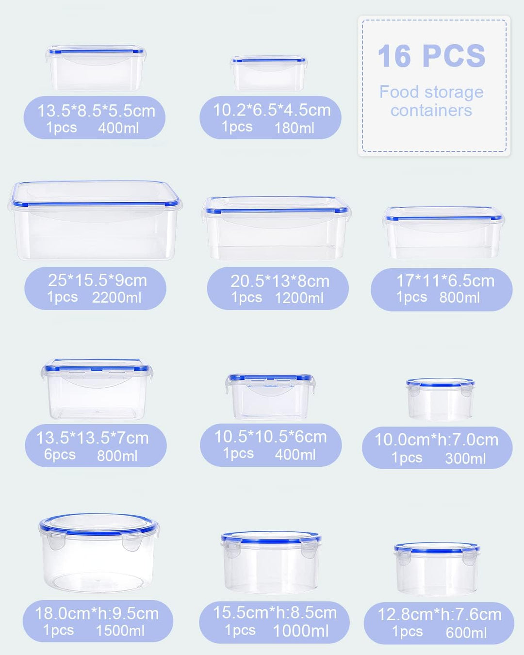 Frischhaltedose mit Deckel 32 tlg Set (16 Behälter+16 Deckel) Wiederverwendbar Auslaufsicher Vorrats