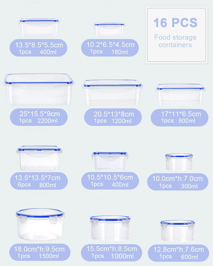 Frischhaltedose mit Deckel 32 tlg Set (16 Behälter+16 Deckel) Wiederverwendbar Auslaufsicher Vorrats