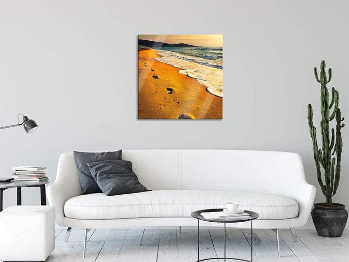 Glasbild | Wandbild auf Echtglas | Fussabdrücke im Strand | 50x50 cm | inkl. Aufhängung und Abstands
