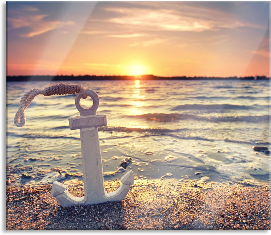 Anker am Ostseestrand im Sonnenuntergang Herdabdeckplatte & Spritzschutz aus Echtglas | Für Herd-Koc