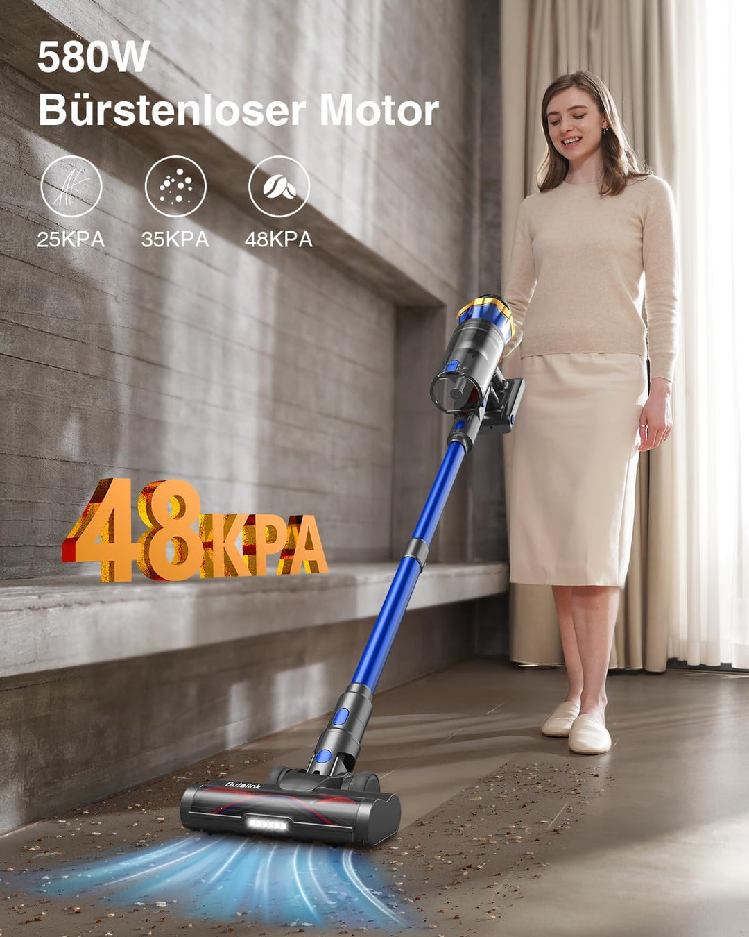 Akku Staubsauger 48000Pa/580W/65Min, 1,8L Staubsauger Kabellos mit Display, Anti-Tangle-Bürste, Selb