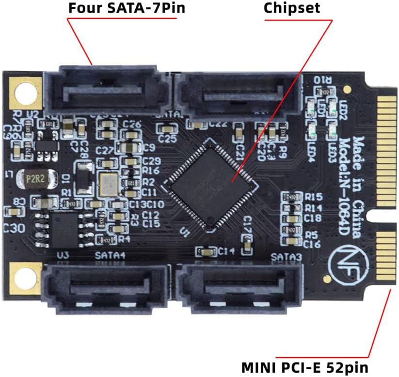 cablecc Mini PCI-E PCI Express auf 6 Gbit/s Vier Ports SATA 3.0 Adapter Konverter Festplattenerweite