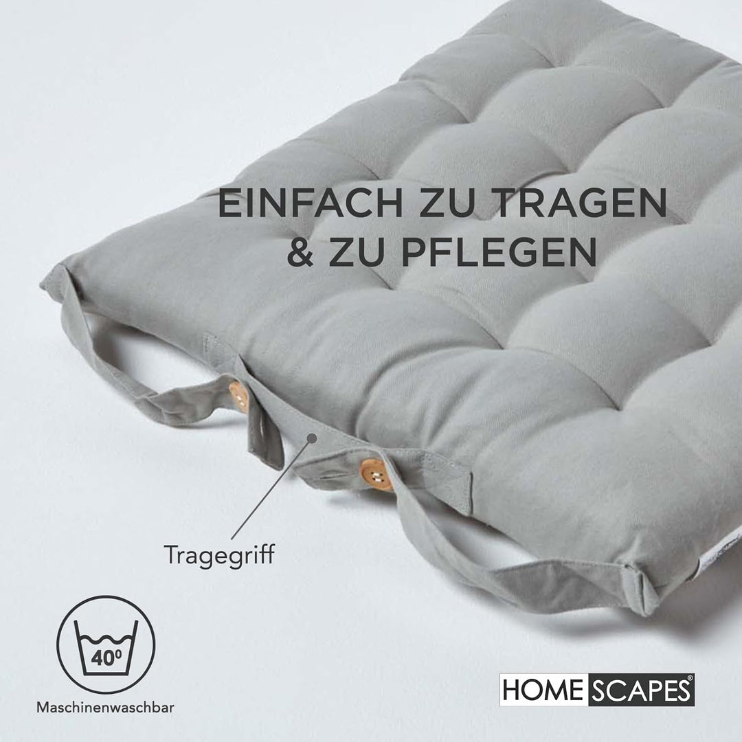 Homescapes 6er Set Stuhlkissen 40 x 40 cm, grau, Sitzkissen mit Bändern und Knopfverschluss, einfarb
