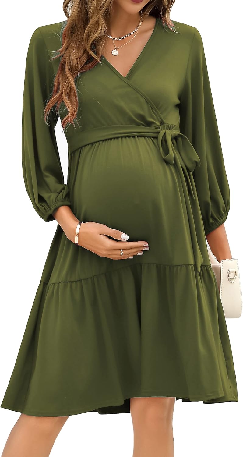 KOJOOIN Damen Umstandskleid V-Ausschnitt 3/4 Ärmel Stillkleid Rüschen Schwangerschafts Kleider mit G