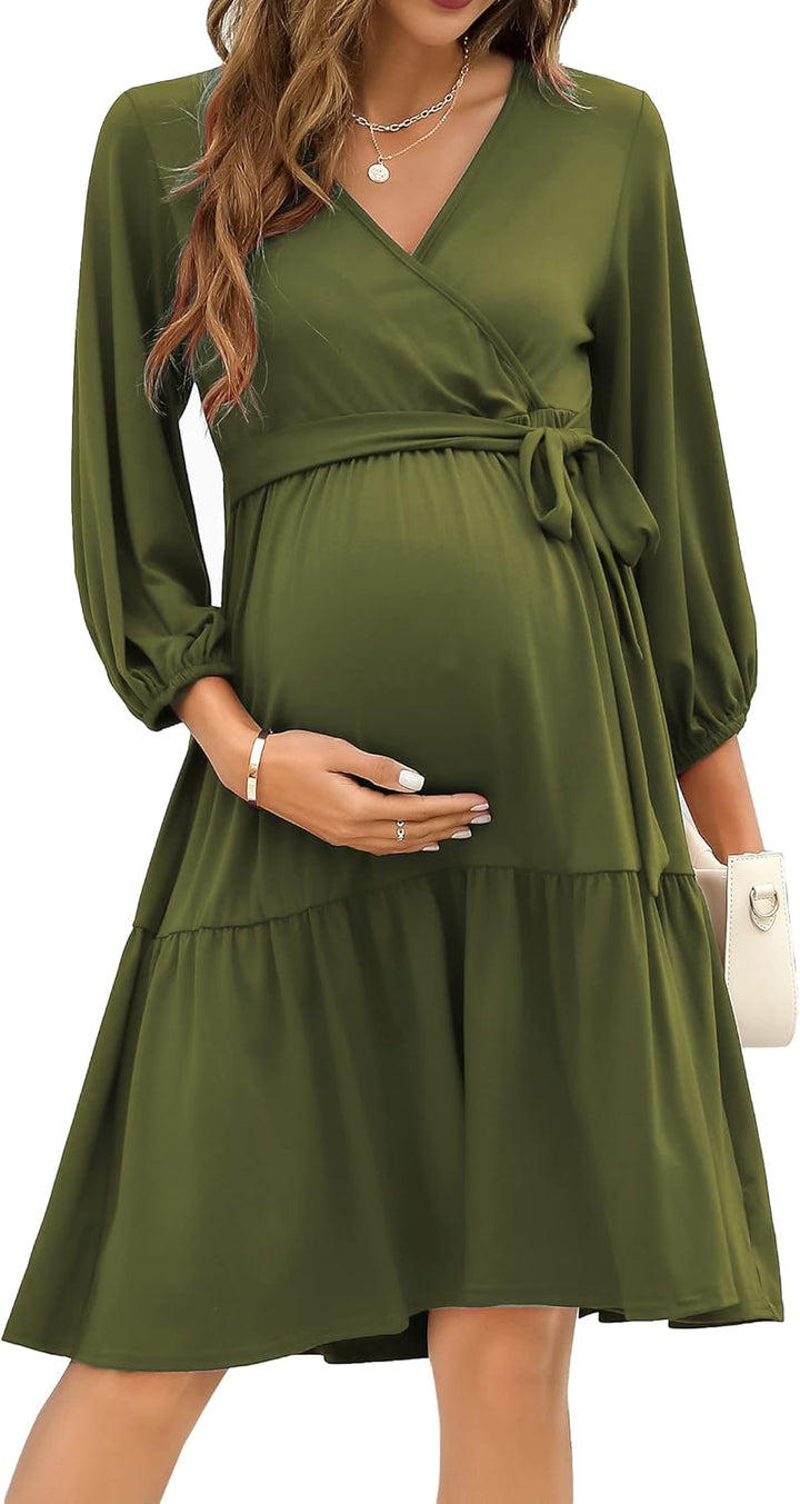 KOJOOIN Damen Umstandskleid V-Ausschnitt 3/4 Ärmel Stillkleid Rüschen Schwangerschafts Kleider mit G