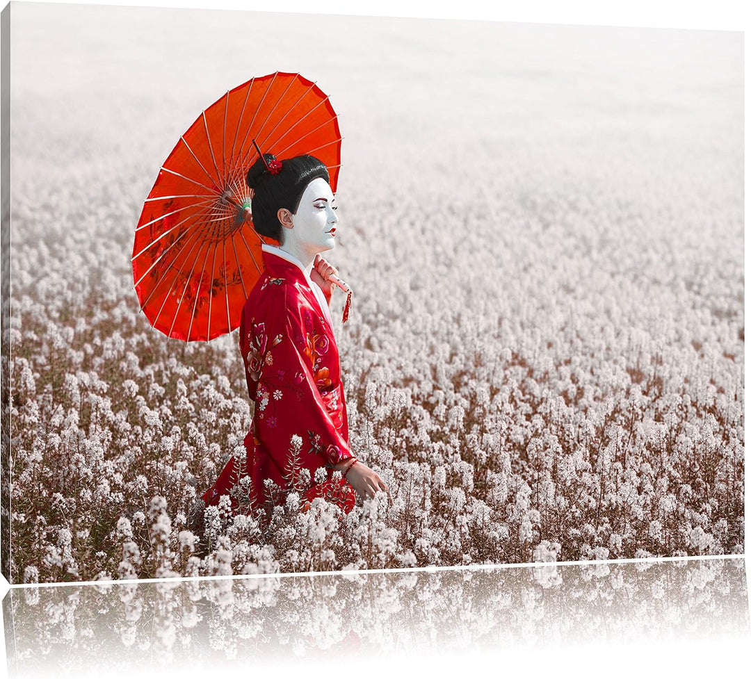 Geisha auf dem Feld, Format: 100x70 auf Leinwand, XXL riesige Bilder fertig gerahmt mit Keilrahmen,