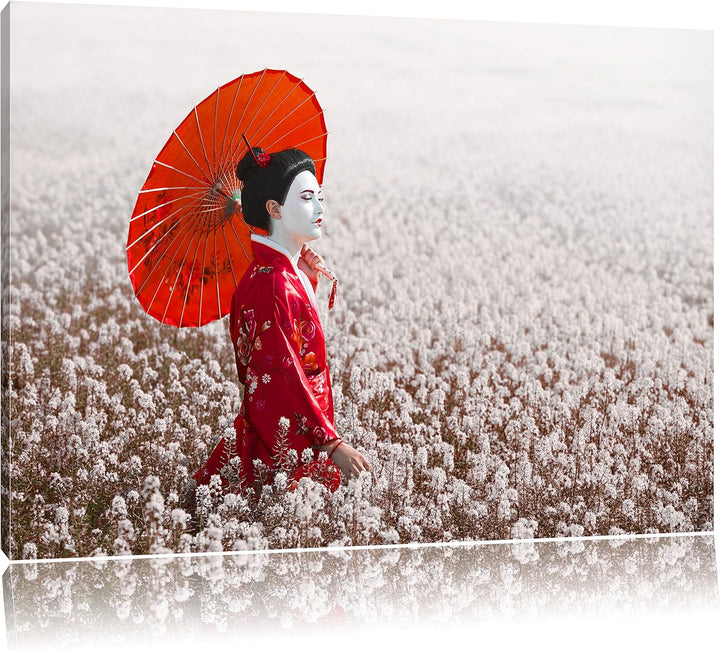 Geisha auf dem Feld, Format: 100x70 auf Leinwand, XXL riesige Bilder fertig gerahmt mit Keilrahmen,
