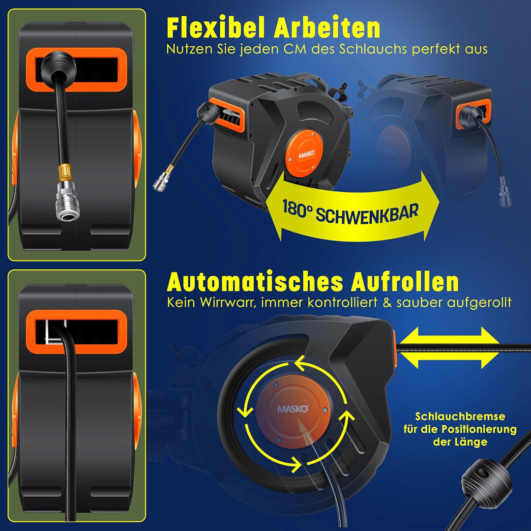 MASKOยฎ Automatik Druckluftschlauch Aufroller 20m โ Schlauchtrommel mit 1/4" Anschluss, Schlauchaufro