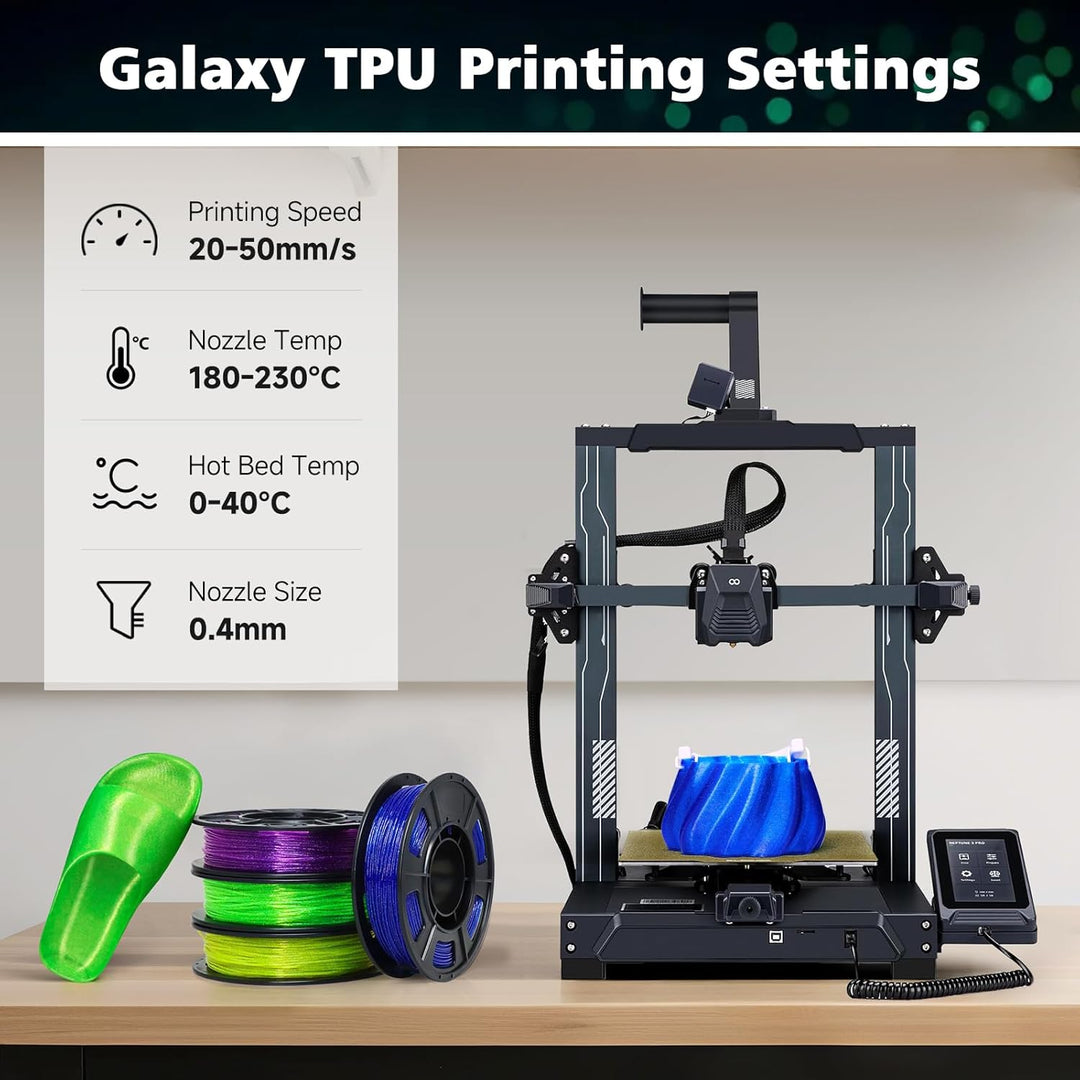 YOUSU TPU-Filament 1,75 mm, transparentes Galaxy-TPU (Gelb, Grün, Blau, Lila) A2-Galaxie Glitzer TPU