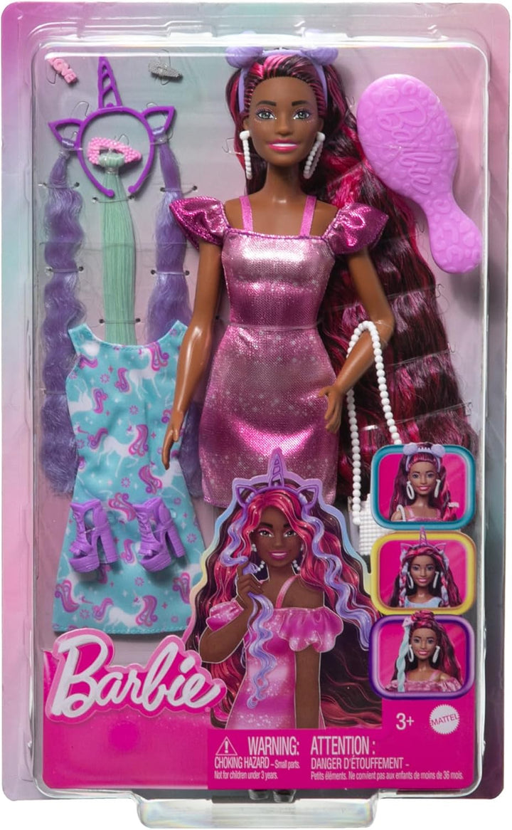 Barbie-Puppe, Fun & Fancy-Haar mit extralangem farbenfrohem schwarzem Haar und schimmerndem rosa Kle