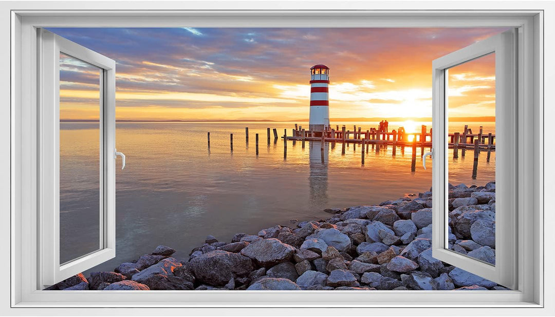 islandburner Bild auf Leinwand Fensterblick Sonnenuntergang am Ozean mit Leuchtturm Sagenhafter Effe