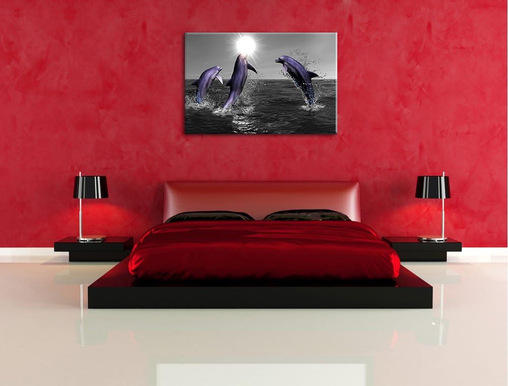Fröhliche Delfine springen im Meer schwarz/weiss Format: 100x70 auf Leinwand, XXL riesige Bilder fer