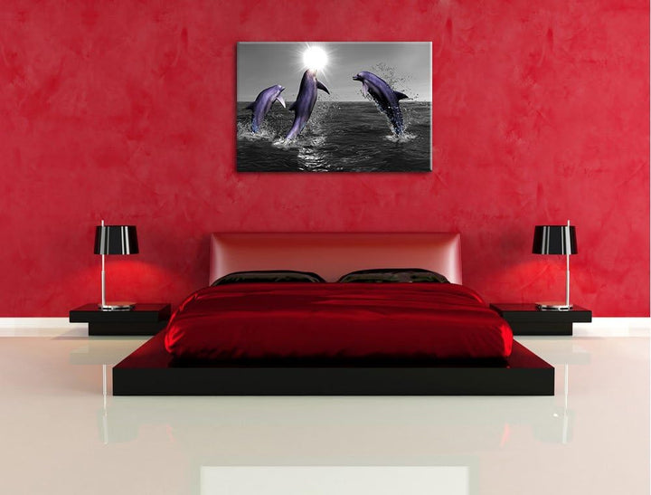 Fröhliche Delfine springen im Meer schwarz/weiss Format: 100x70 auf Leinwand, XXL riesige Bilder fer