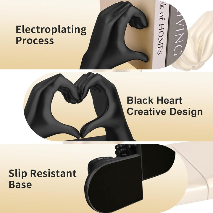 Schwarz Buchstützen Set aus Resin - Herz & Hände Skulptur als Buchstütze, dekorative Bookends für Bü