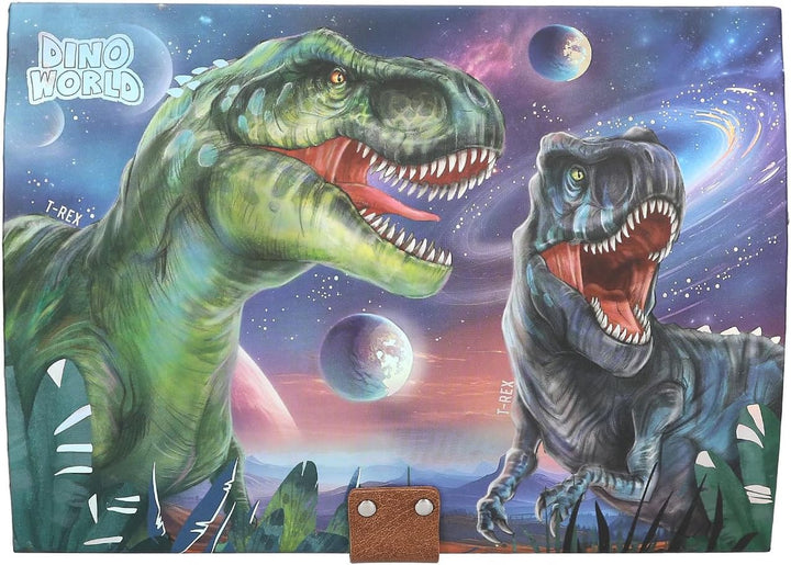 Depesche 13441 Dino World - Schatztruhe im Dino Design mit Planeten, Aufbewahrungsbox mit Code, Soun