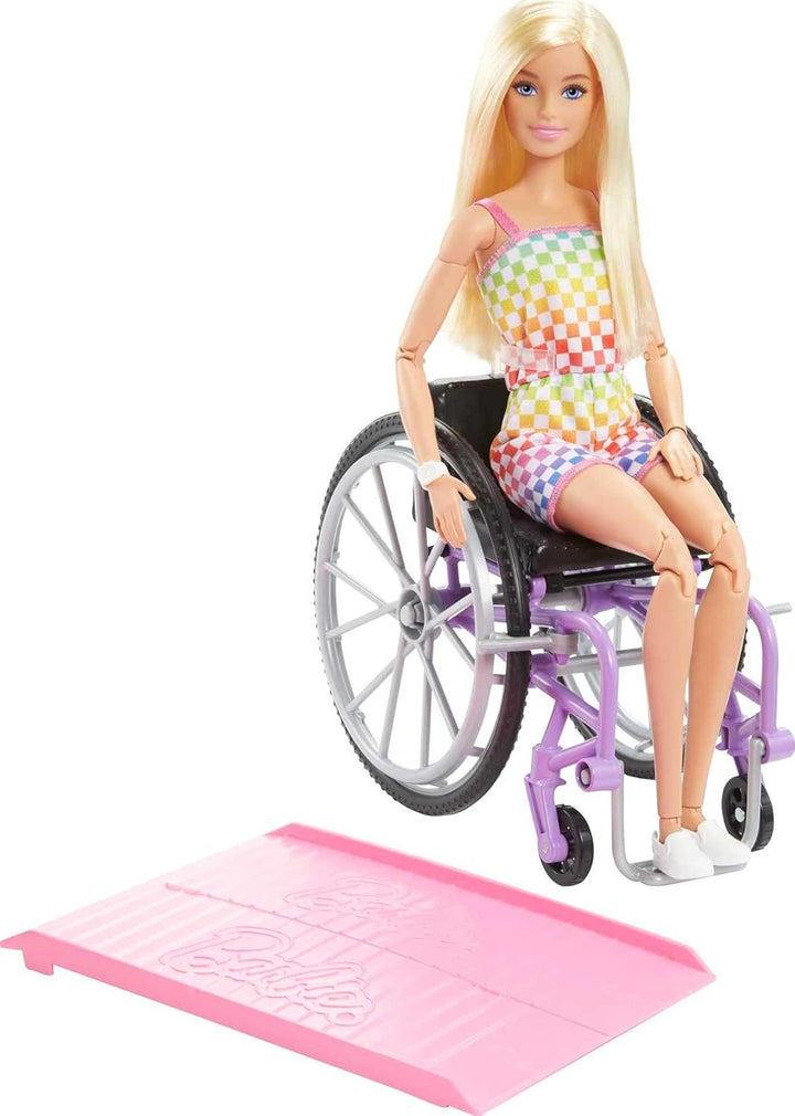 Barbie Fashionista-Puppe, Barbie im Rollstuhl mit blonden Haaren und Regenbogen-Jumpsuit, Barbie-Rol