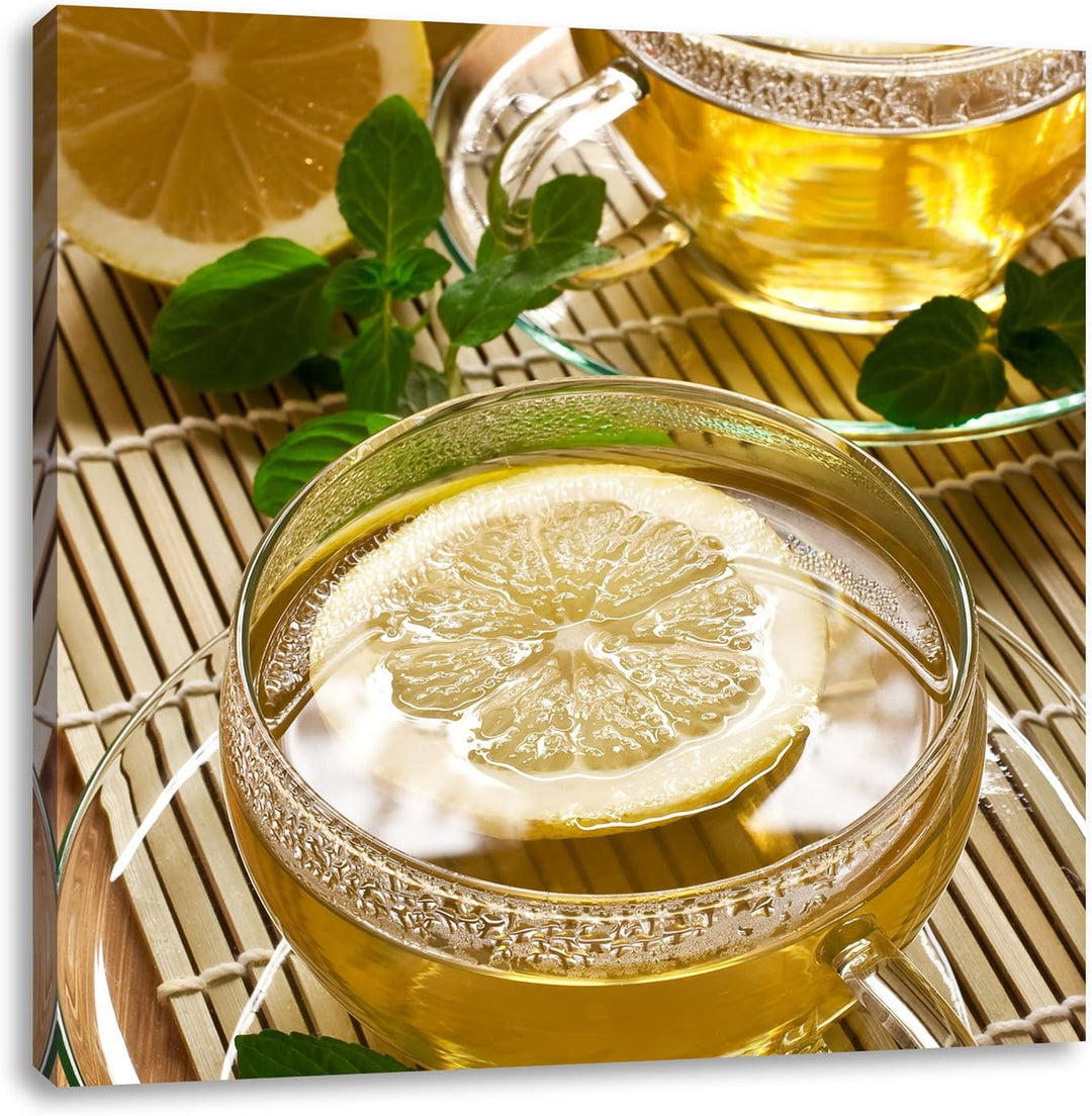 GrünerTee mit Zitrone, Format: 70x70 auf Leinwand, XXL riesige Bilder fertig gerahmt mit Keilrahmen,