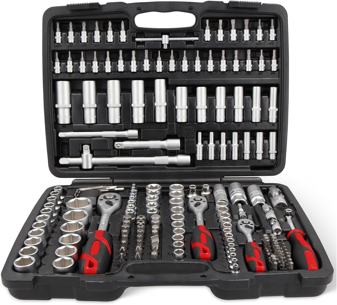 STIER Steckschlüssel Satz, 179-teilig, 1/2 Zoll 1/4 Zoll & 3/8 Zoll Umschaltknarre, Sechskant-Stecks