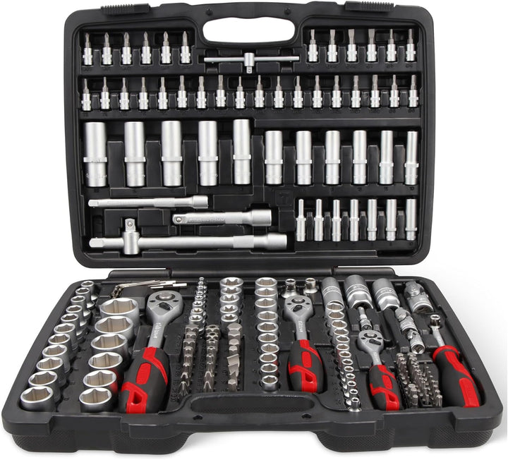 STIER Steckschlüssel Satz, 179-teilig, 1/2 Zoll 1/4 Zoll & 3/8 Zoll Umschaltknarre, Sechskant-Stecks