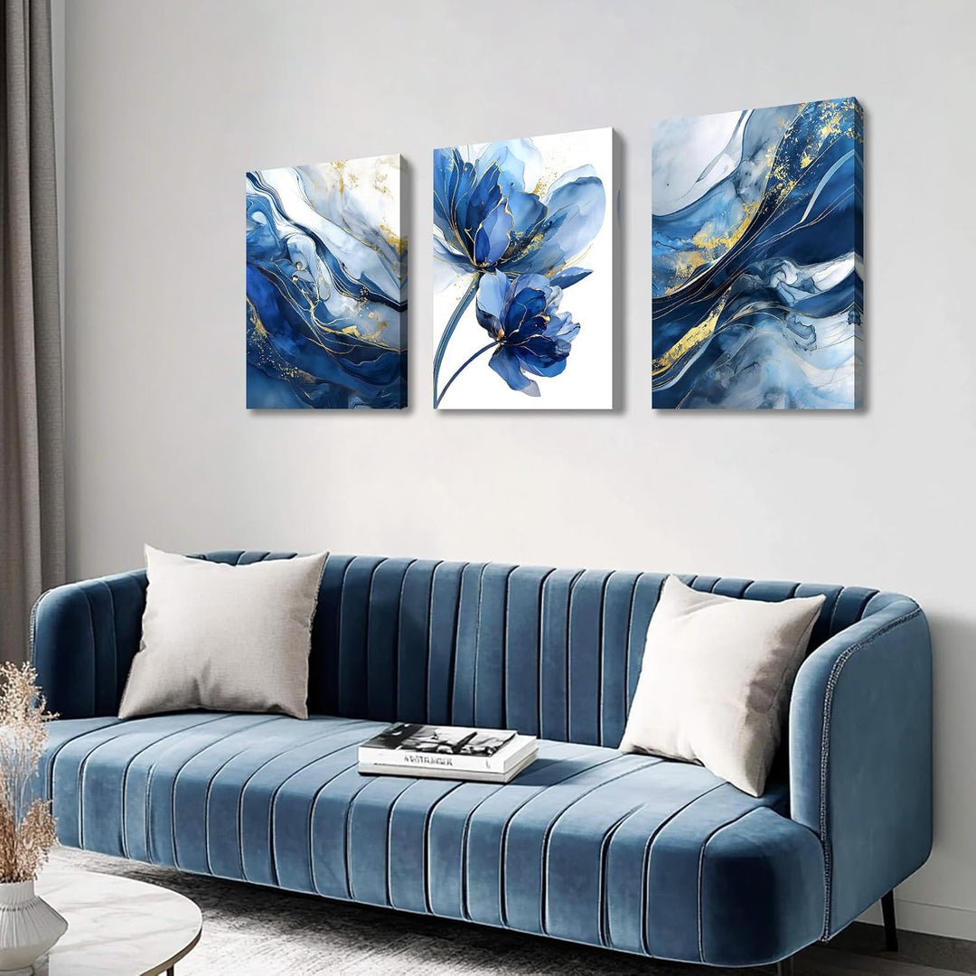 3Pcs Aquarell Gold Blau Lotusblume Mit Rahmen Leinwand Bilder Abstrakt Marineblau Marmor Bild auf Le