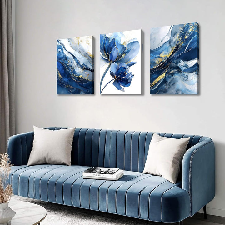 3Pcs Aquarell Gold Blau Lotusblume Mit Rahmen Leinwand Bilder Abstrakt Marineblau Marmor Bild auf Le