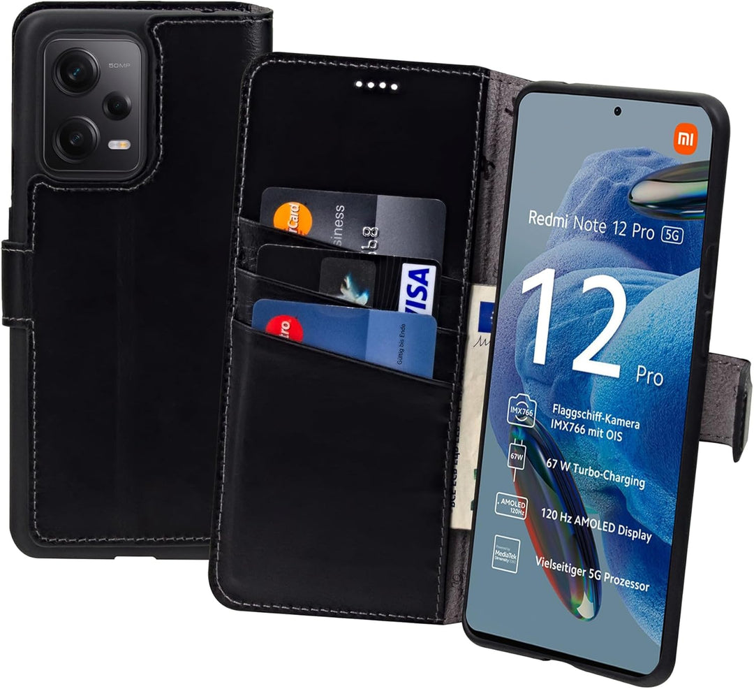 Suncase Book-Style Hülle kompatibel mit Xiaomi Redmi Note 12 Pro 5G Leder Tasche (Slim-Fit) Lederhül