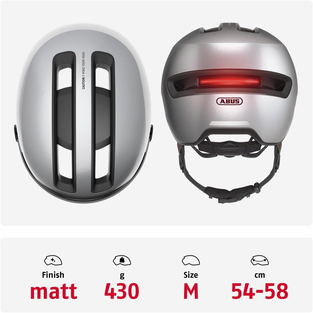 ABUS Stadthelm HUD-Y ACE - stylischer Fahrradhelm mit Visier und magnetischem, aufladbarem LED-Rückl
