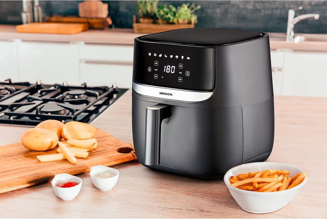 MEDION E50 XL Heissluftfritteuse (5,7 Liter Frittierkorb, ca. 1700 Watt, Digitales Bedienfeld, 8 Aut