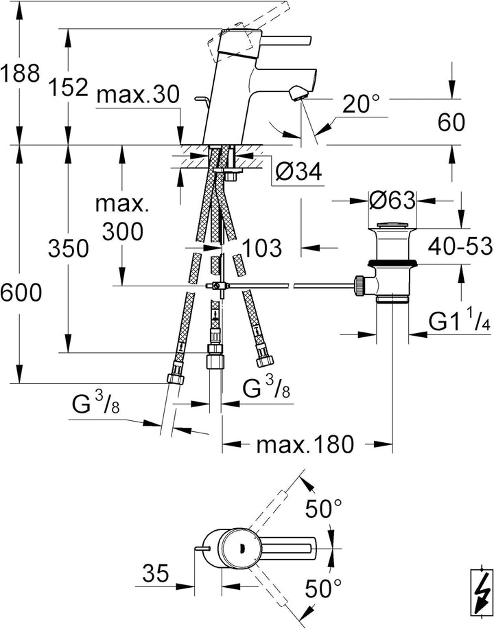 GROHE Concetto Einhand-Waschtischbatterie, Niederdruck für offene Warmwasserbereiter 23060001 S zugs
