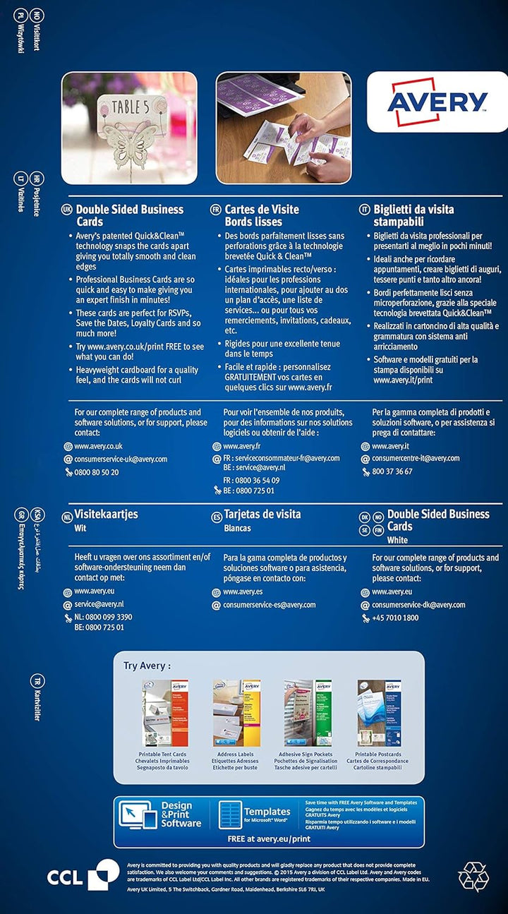 Avery Quick&Clean Visitenkarten doppelseitig bedruckbar für Laserdrucker mit abgerundeten Ecken