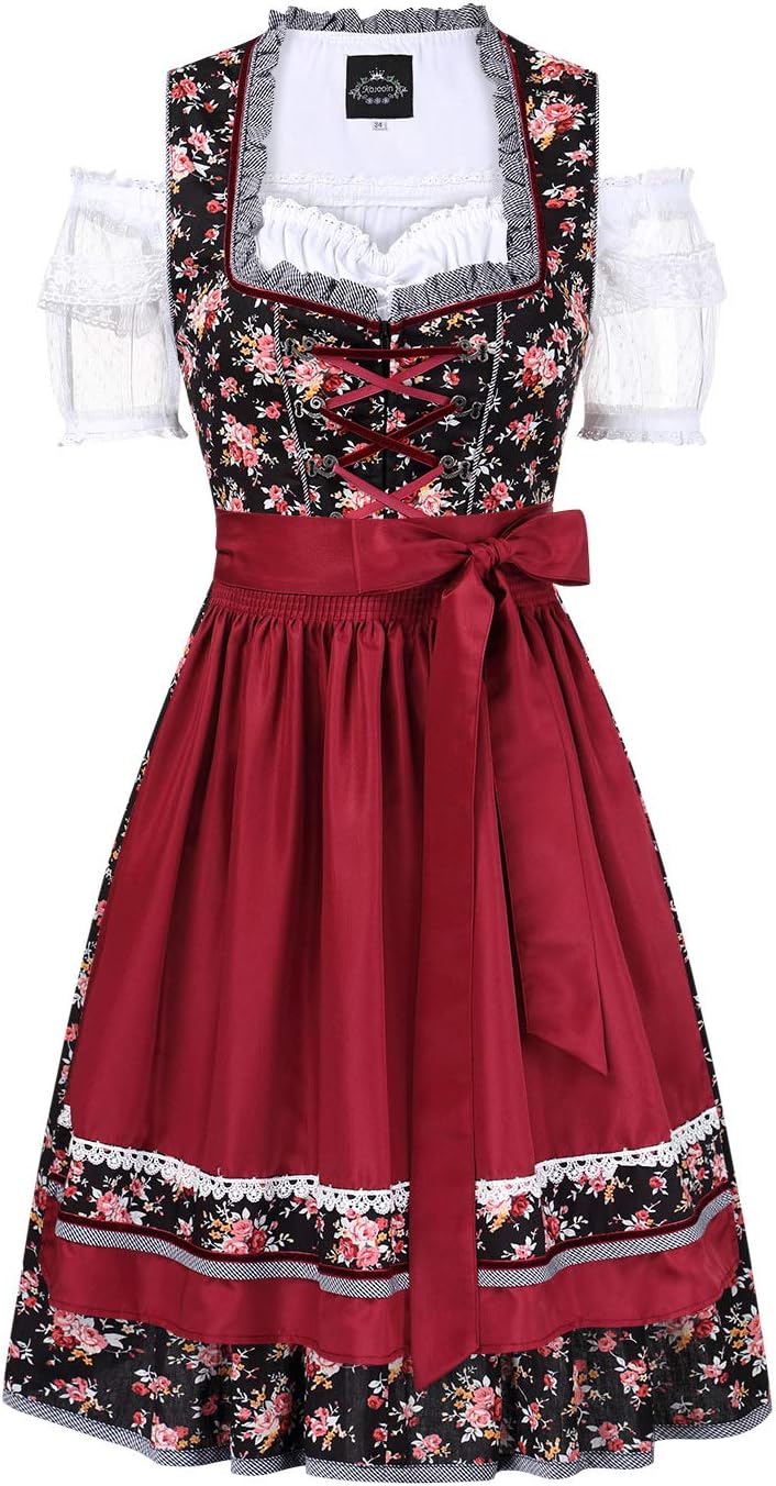 KOJOOIN Trachtenkleid Damen Dirndl Kurz Midi 3tlg. für Oktoberfest-DREI Teilig: Kleid, Bluse, Schürz