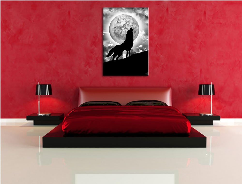 Pixxprint Wolf heult Mond an als Leinwandbild/Grösse: 100x70 cm/Wandbild/Kunstdruck/fertig bespannt,