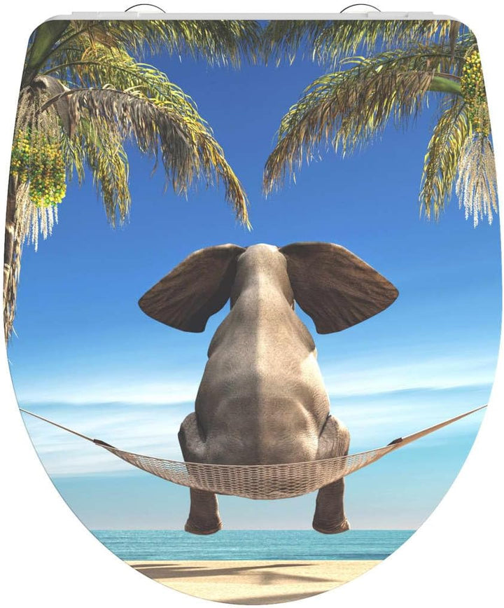 SCHÜTTE WC-Sitz Duroplast HG HAPPY ELEPHANT, Hochglänzender Toilettensitz mit Absenkautomatik, Schne