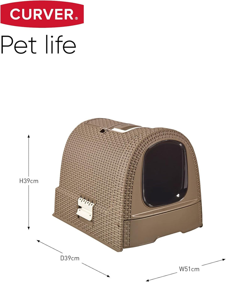 Curver petlife Katzentoilette mit Deckel, Katzenklo inklusive Schaufel, Moderne Rattangeflecht-Optik