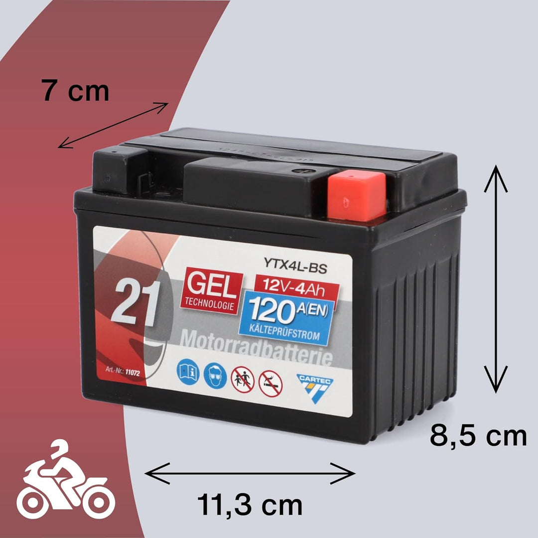 CARTEC Motorradbatterie YTX4L-BS, 4Ah, 120A, Gel Technologie Motorrad-Starter-Batterie, Erstausrüste