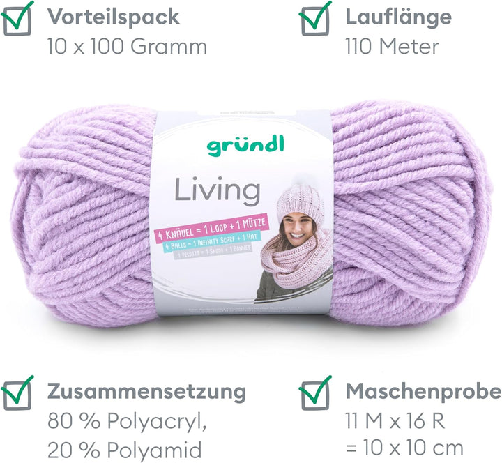 Gründl Garn Living (Strick- und Häkelgarn mit wollartigem Charakter, waschbares Garn aus 80 % Polyac
