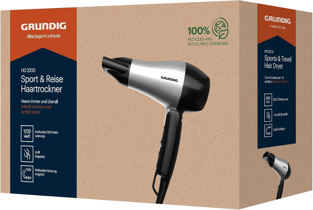 Grundig HD 2200 Sport- & Reisehaartrockner, Föhn, Reiseföhn, 1200 Watt, 2 Temperaturstufen, 2 Luftst