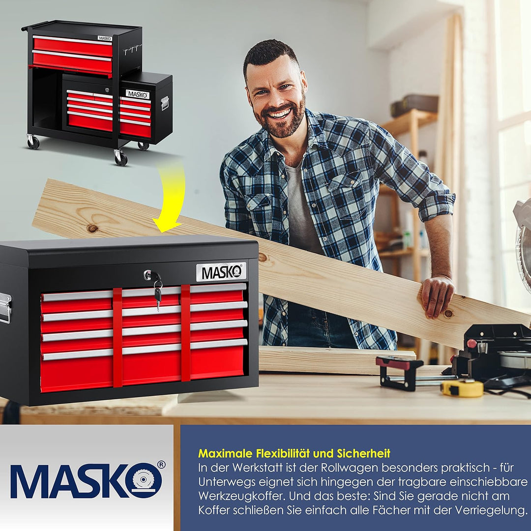 MASKOยฎ Werkstattwagen inkl. Koffer - 9 Fรคcher Abschliessbar | Massives Metall | Mobiler Werkzeug-Wag