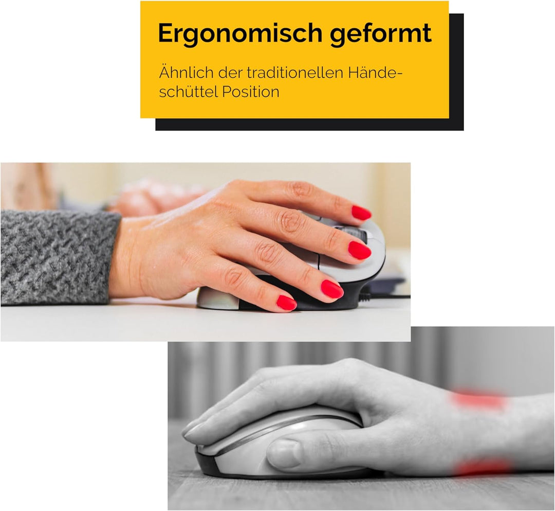 BakkerElkhuizen Grip Mouse Wireless, Ergonomische vertikale Maus, Rechtshänder, Kabellos, Silber/Sch