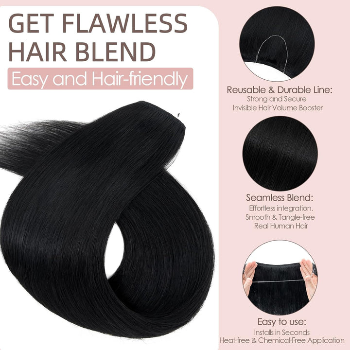 Extensions Echthaar mit transparenter Schnur, Silk-co Wire in ExtensionsTief Schwarz 75g, Secrets Ha
