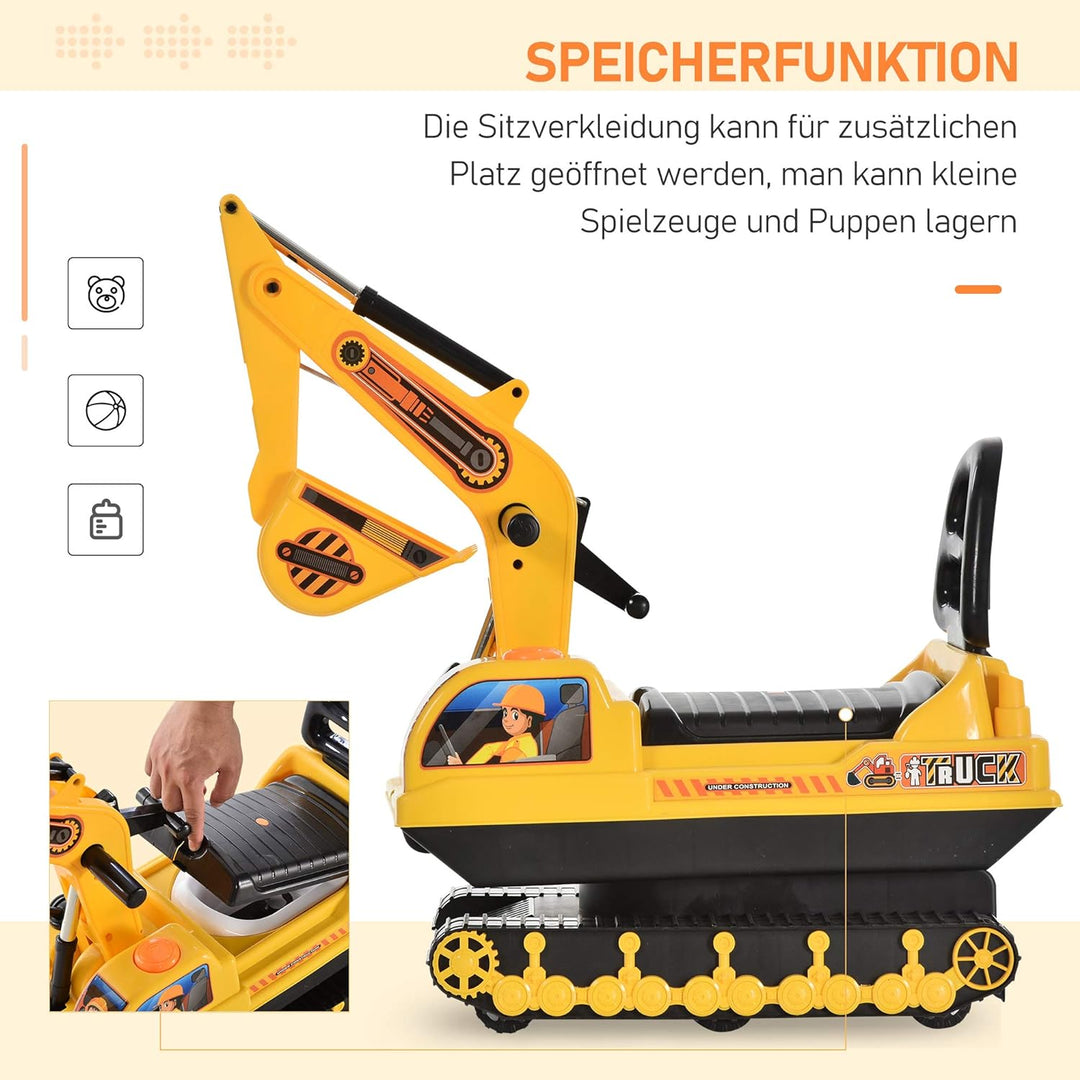 HOMCOM Kinder Sitzbagger Sandbagger für Kinder mit Schaufel, Hupe, Aufsitzbagger mit Stauraum, Rutsc