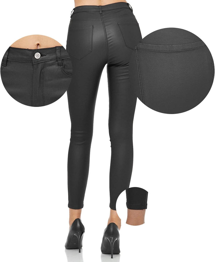 Gloop Skinny Fit Jeans Fit-Hose mit Ledereffekt Smooth Coated Pant Schwarz Glänzt XS, Schwarz Gl